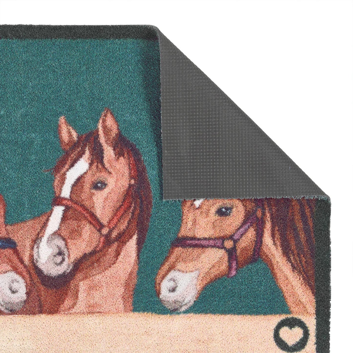 Doormat with horse design on a green background