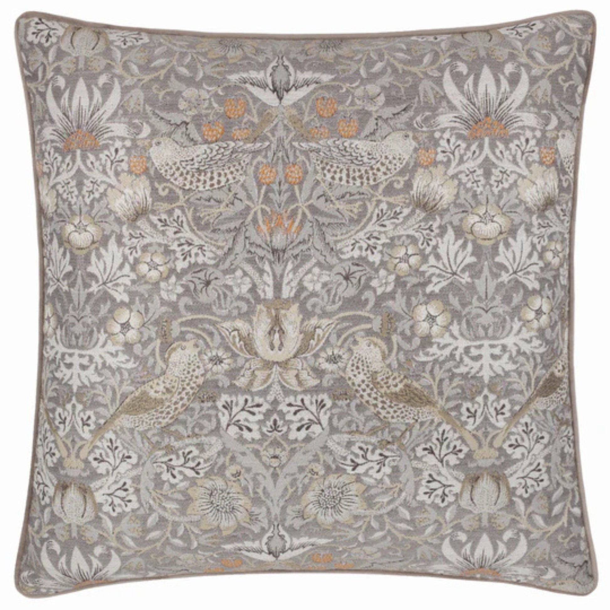 Decorative pillow with intricate pattern featuring birds and floral elements on a gray background