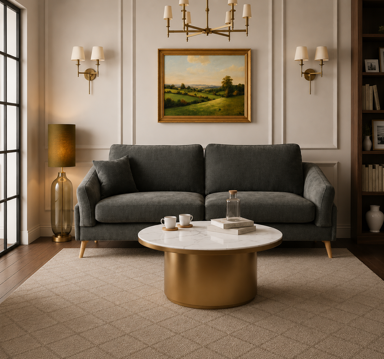 Styled living room with sofa and marble and gold coffee table on a beige rug 
