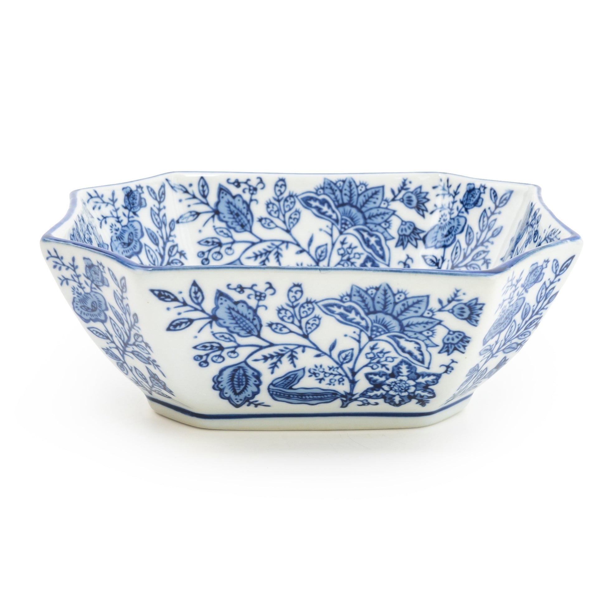 Decorative ceramic bowl with blue floral patterns on a white background