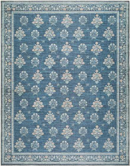 A square blue area rug with a traditional floral pattern and ornate border, shown flat against a white background.