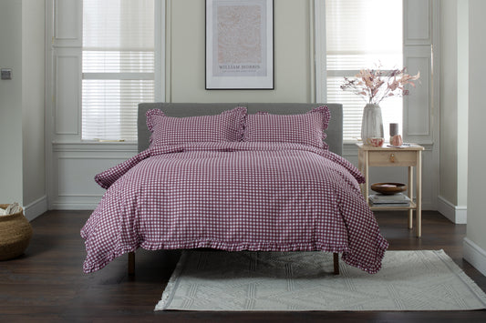 Gingham Frilled Duvet Set - Burgundy