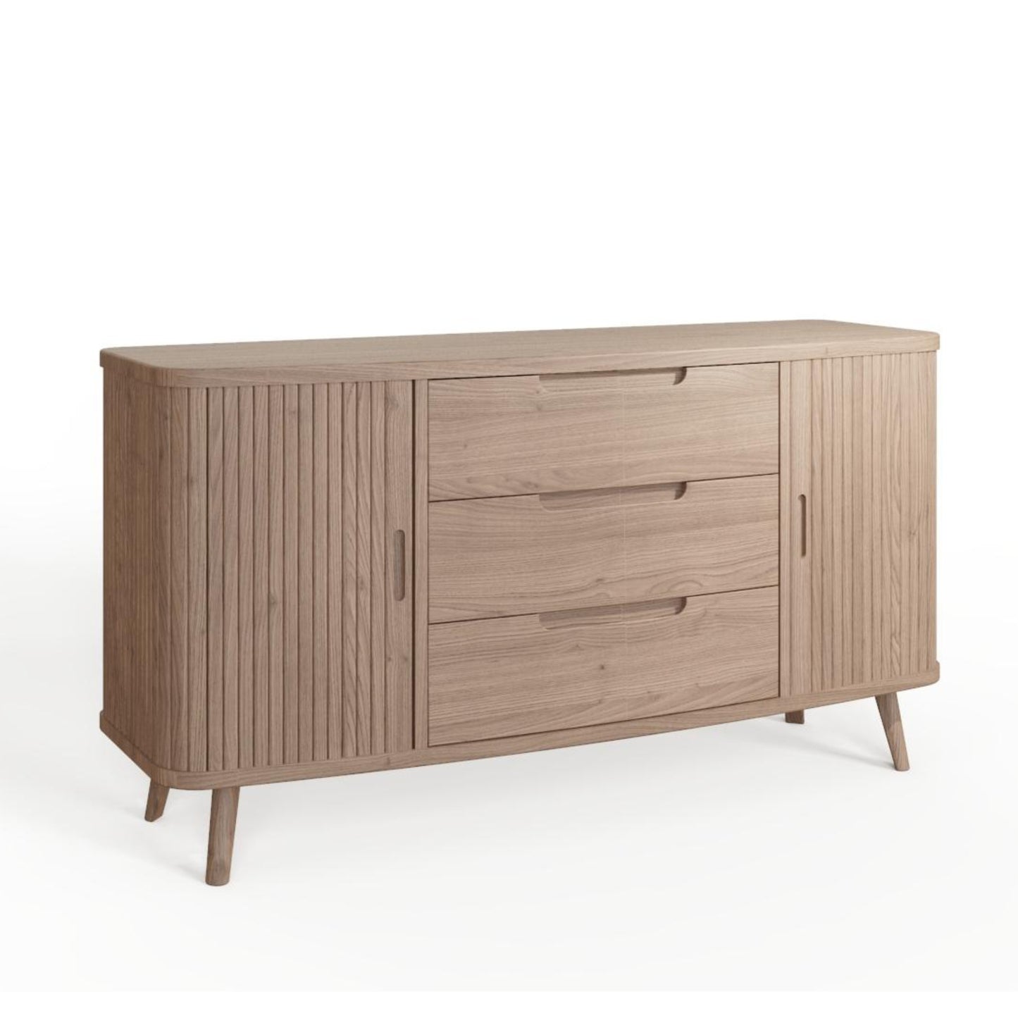 Sideboard with curved doors and 3 drawers in centre on white background 