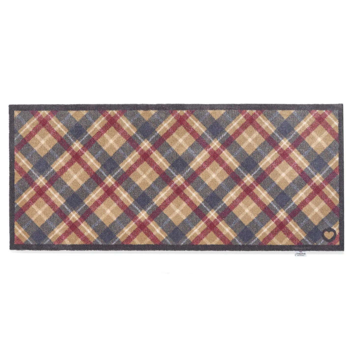 Plaid patterned rug with red, blue, and beige colors on a white background