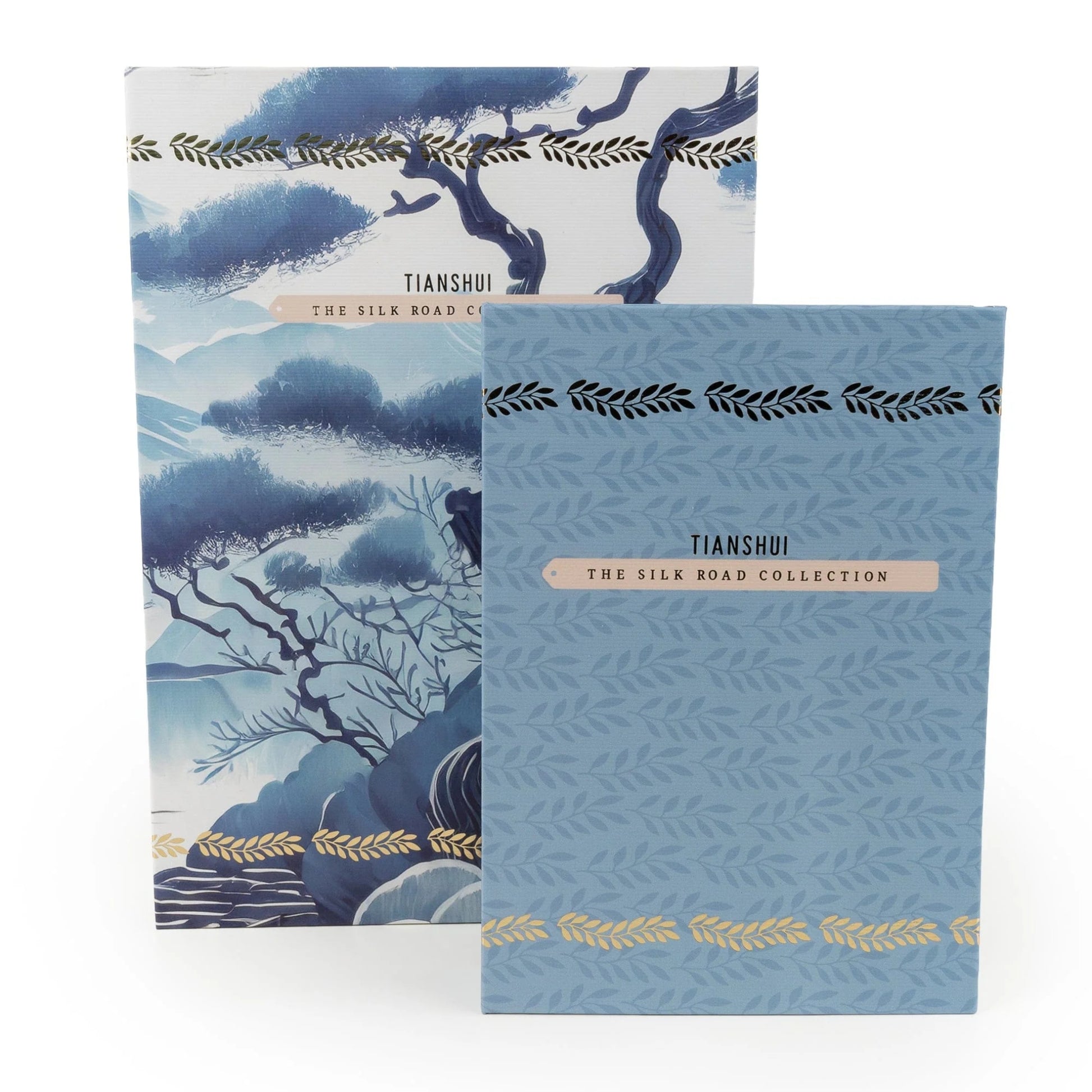 Two notebooks with blue and white designs and 'Tianshui' branding on a white background.