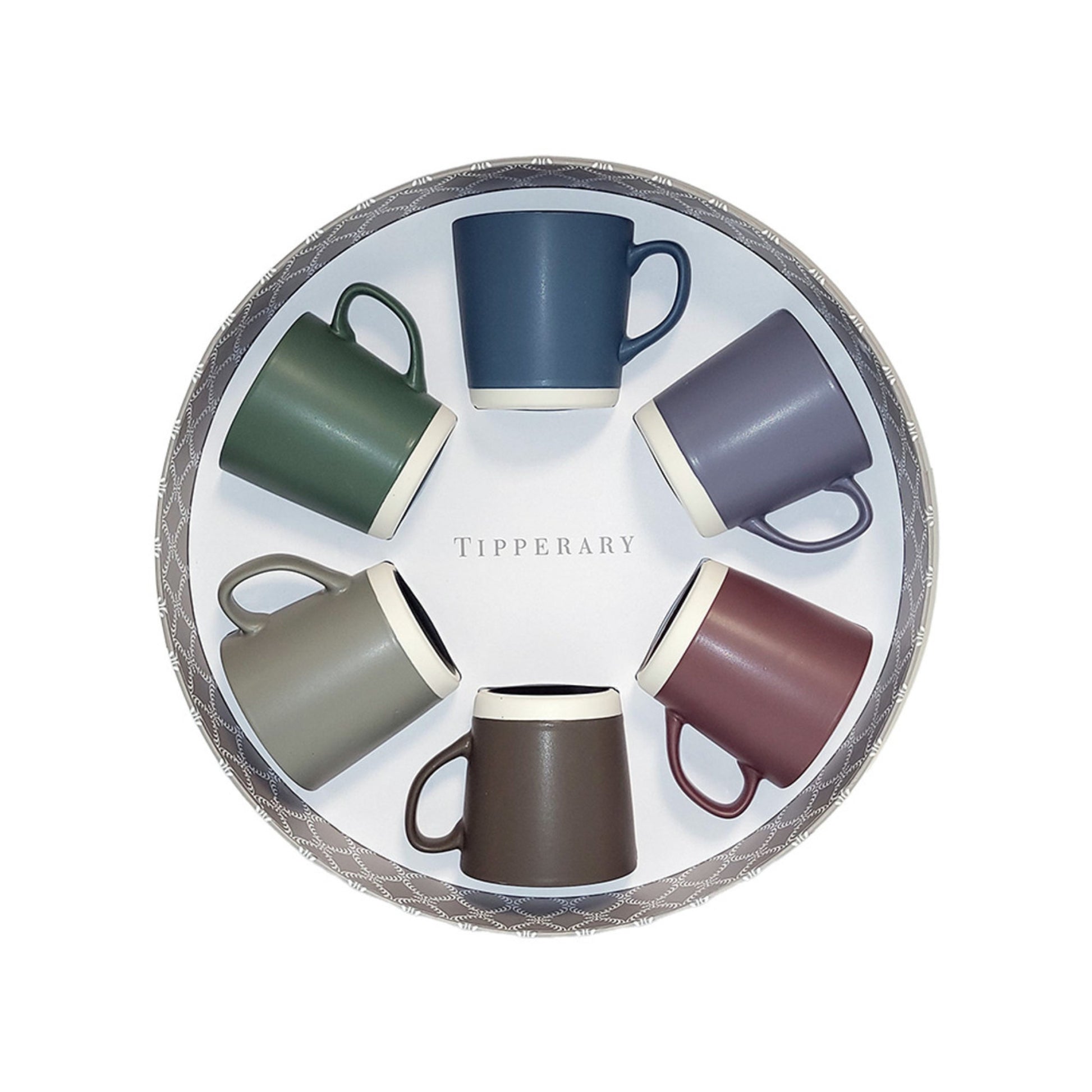 Set of six Tipperary mugs in different colors arranged in a circular pattern on a white background.