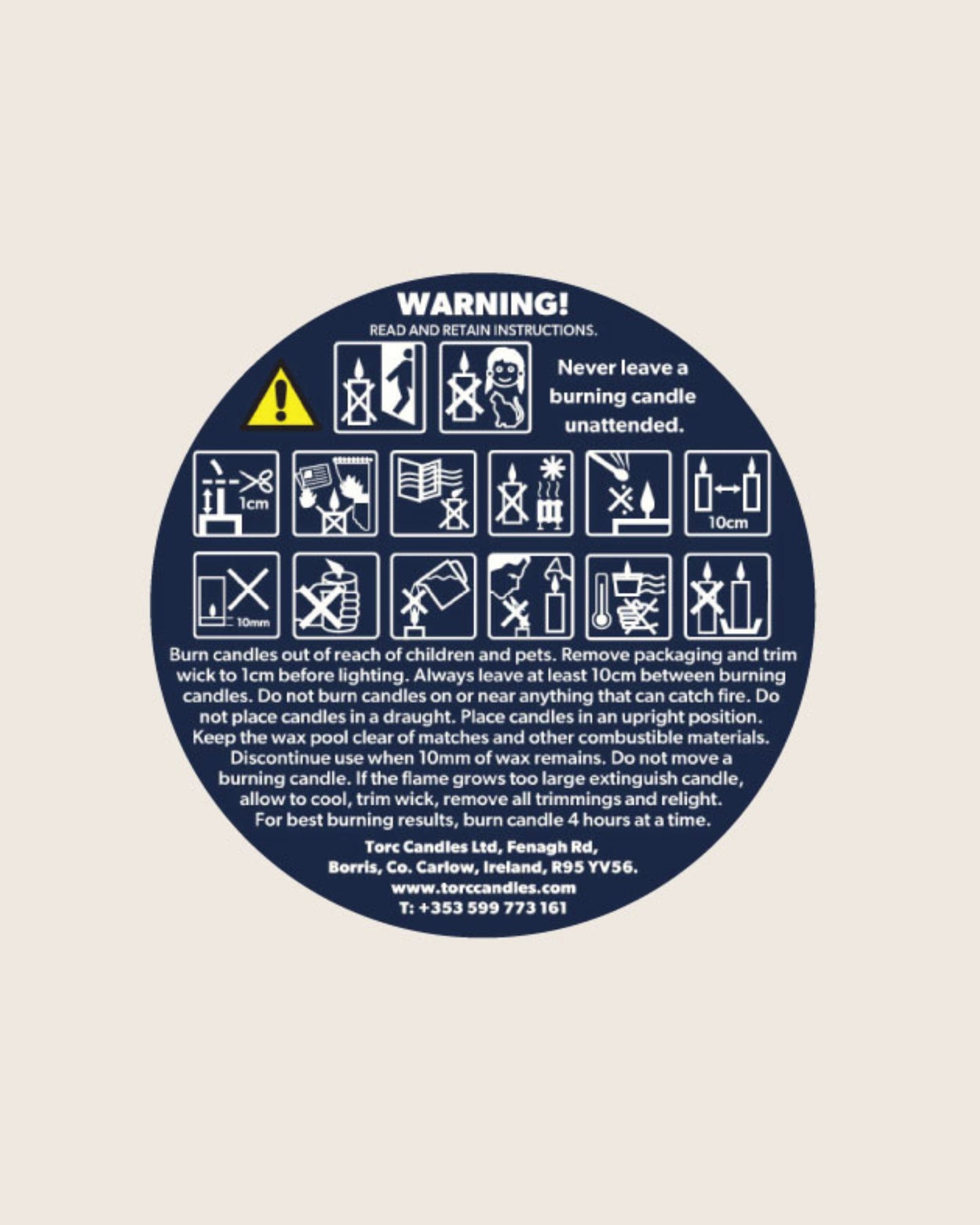 Round warning label with safety instructions on a beige background