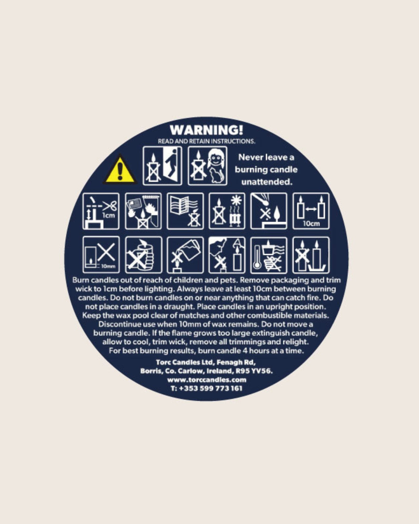 Round warning label with safety instructions on a beige background