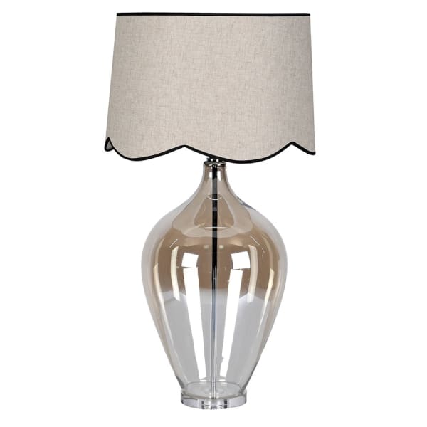 Tinted Glass Lamp with Black Trimmed Scallop Linen Shade - Collection Only