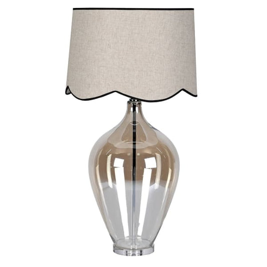 Tinted Glass Lamp with Black Trimmed Scallop Linen Shade - Collection Only