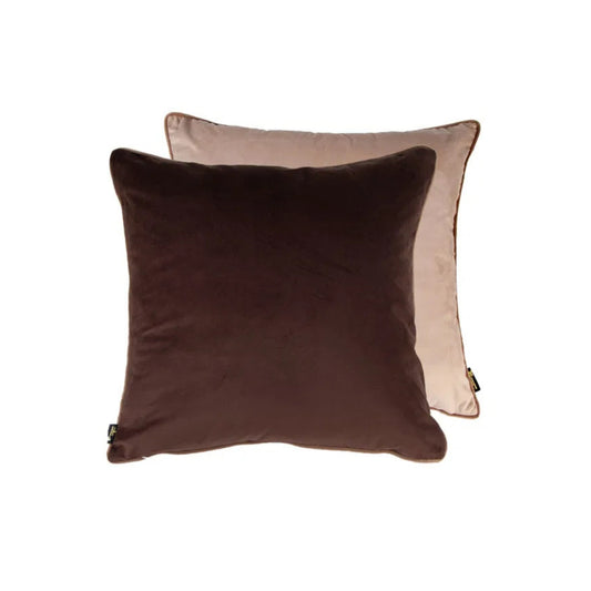 A square chocolate brown velvet cushion with a taupe piped edge, showing the reverse side in taupe colour.