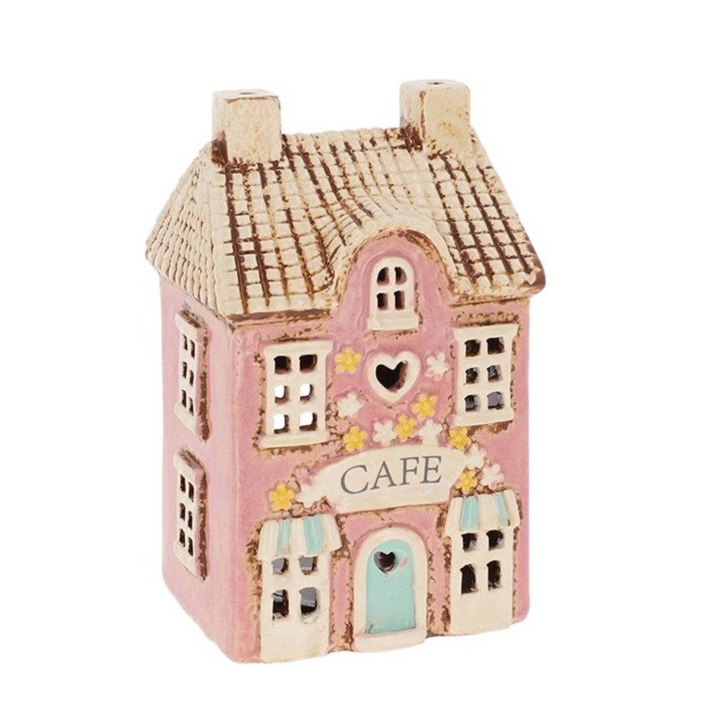 Small ceramic house-shaped lantern with 'CAFE' text on a white background