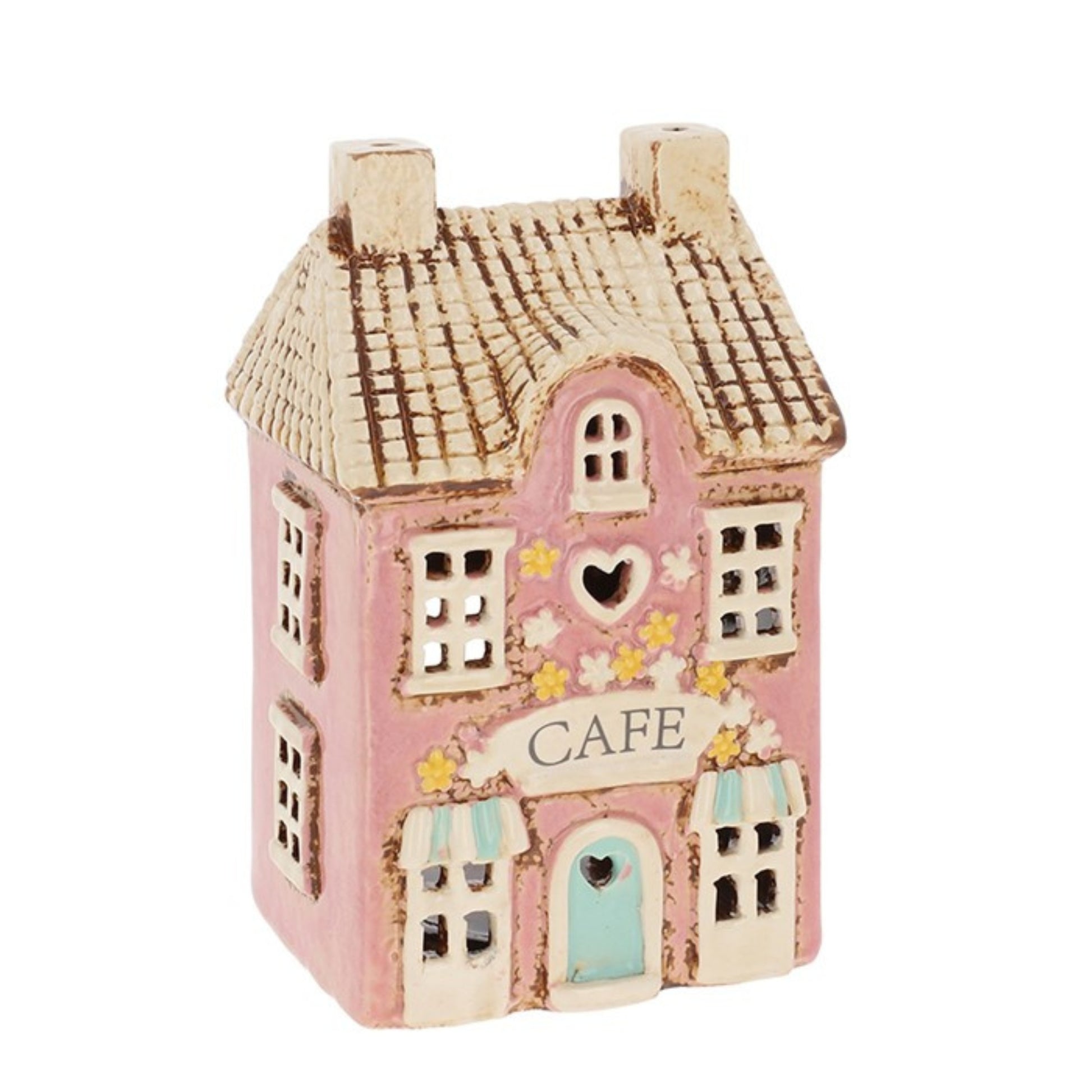 Small ceramic house-shaped lantern with 'CAFE' text on a white background