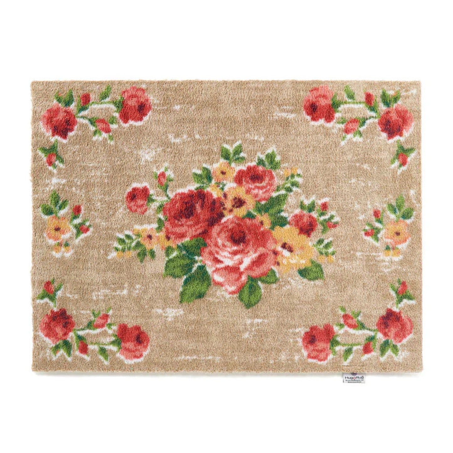 Floral patterned doormat with red and yellow flowers on a beige background