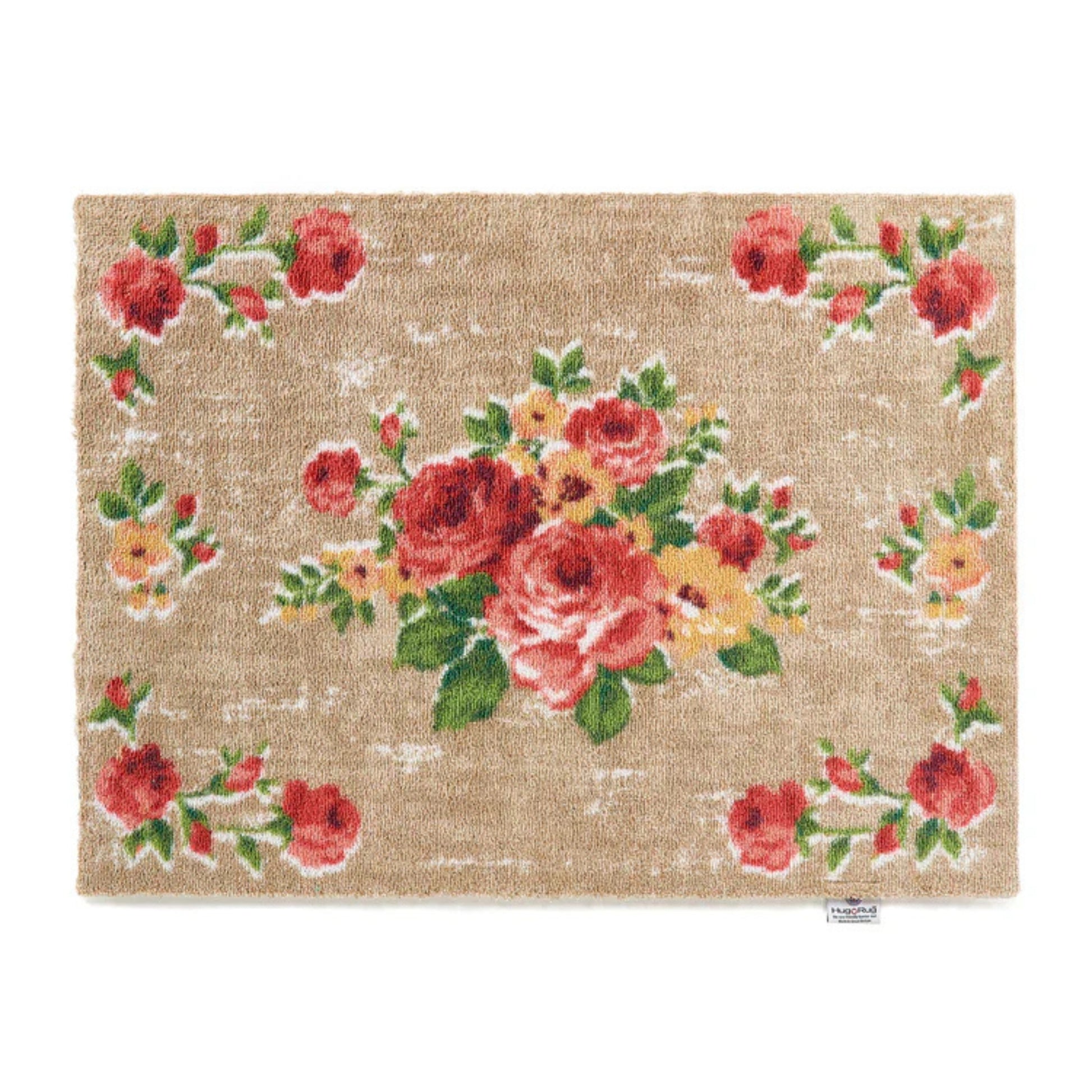 Floral patterned doormat with red and yellow flowers on a beige background