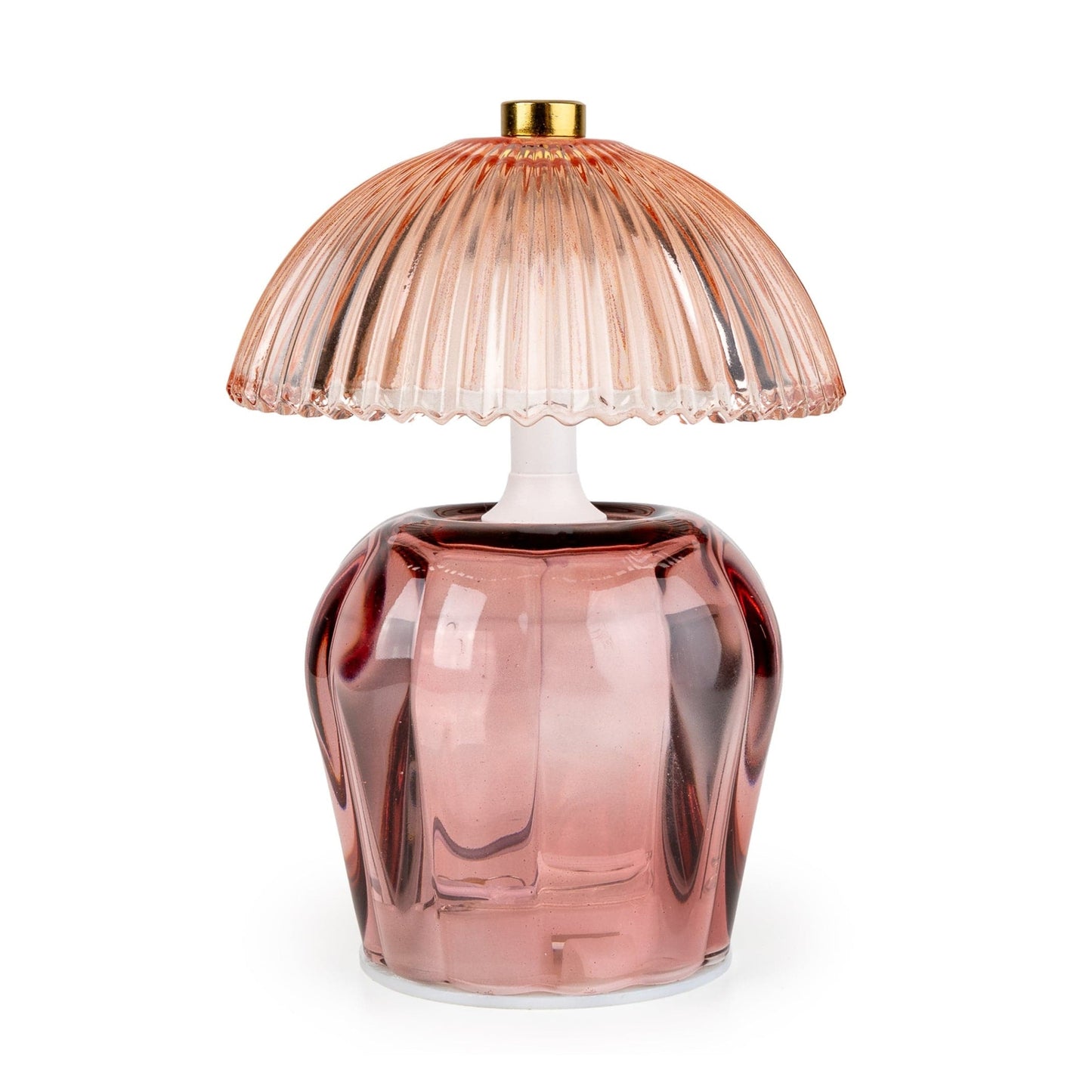Pink glass table lamp with a textured shade on a white background