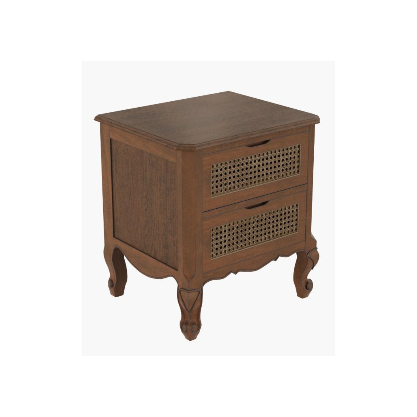Walnut and rattan 2 drawer bedside chest on a white background