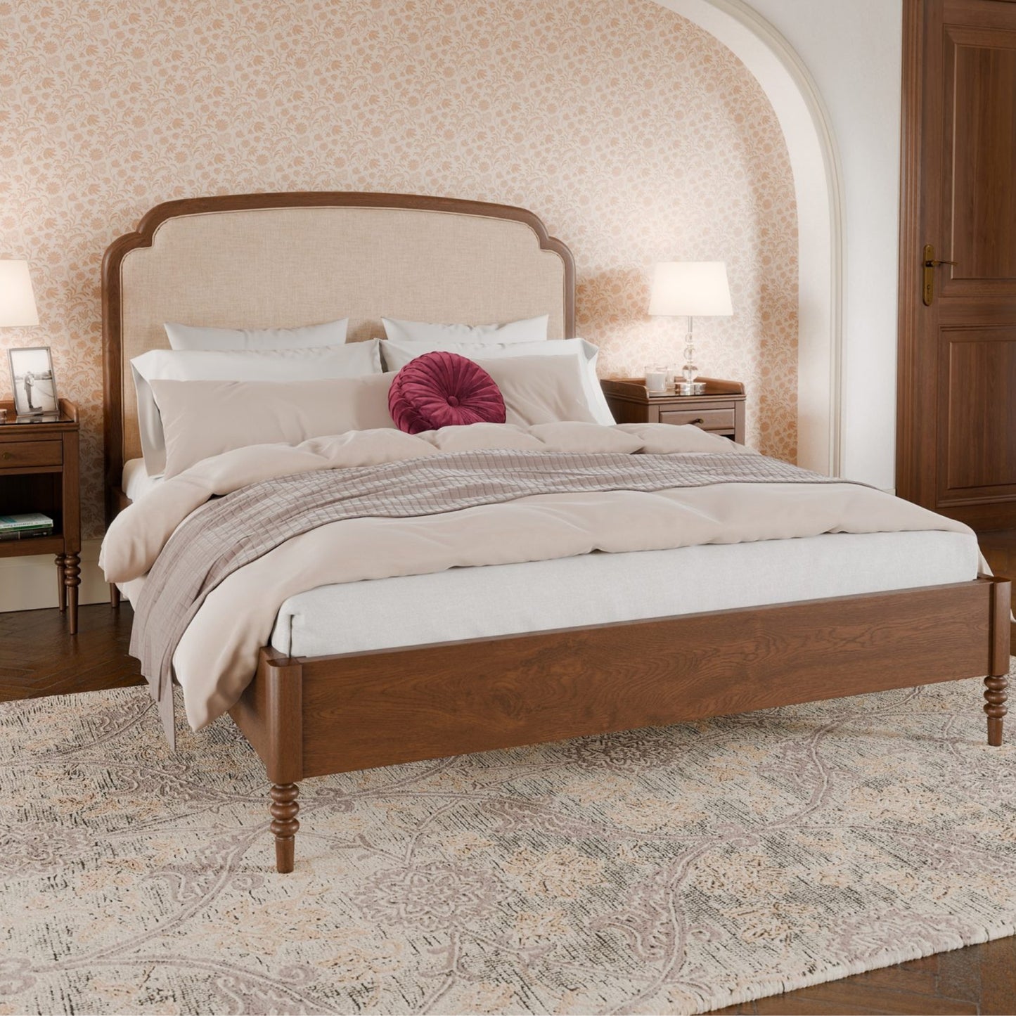 Wooden bed with beige bedding in a bedroom setting