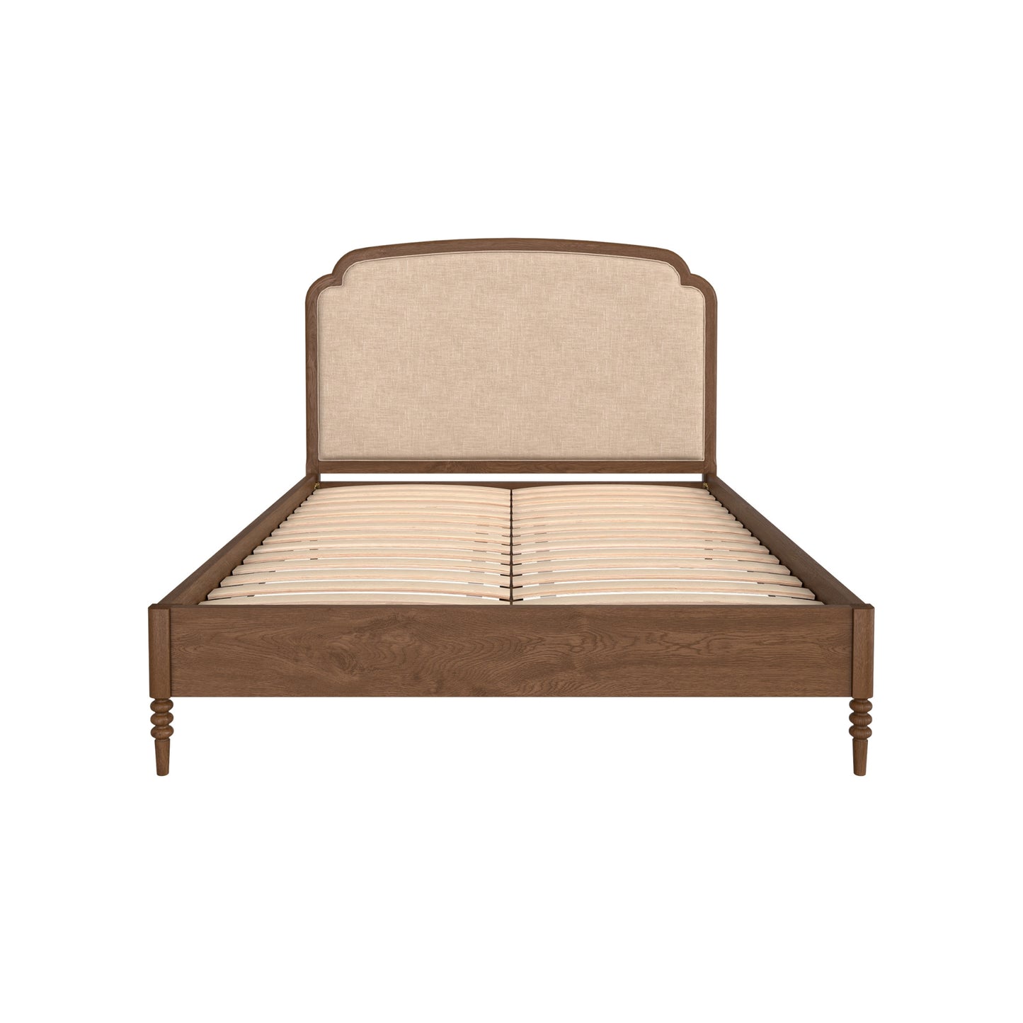 Wooden bed frame with upholstered headboard on a white background
