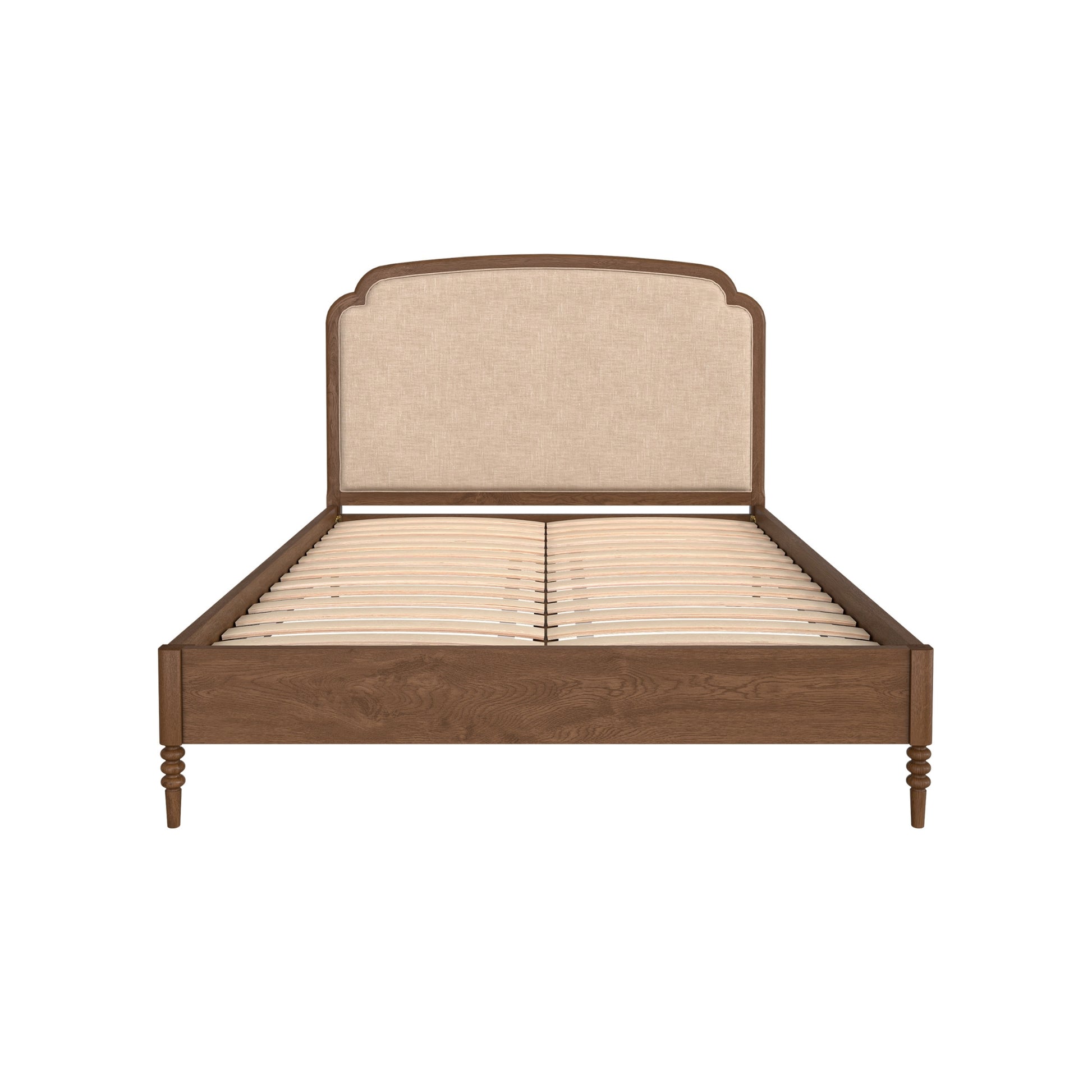 Wooden bed frame with upholstered headboard on a white background