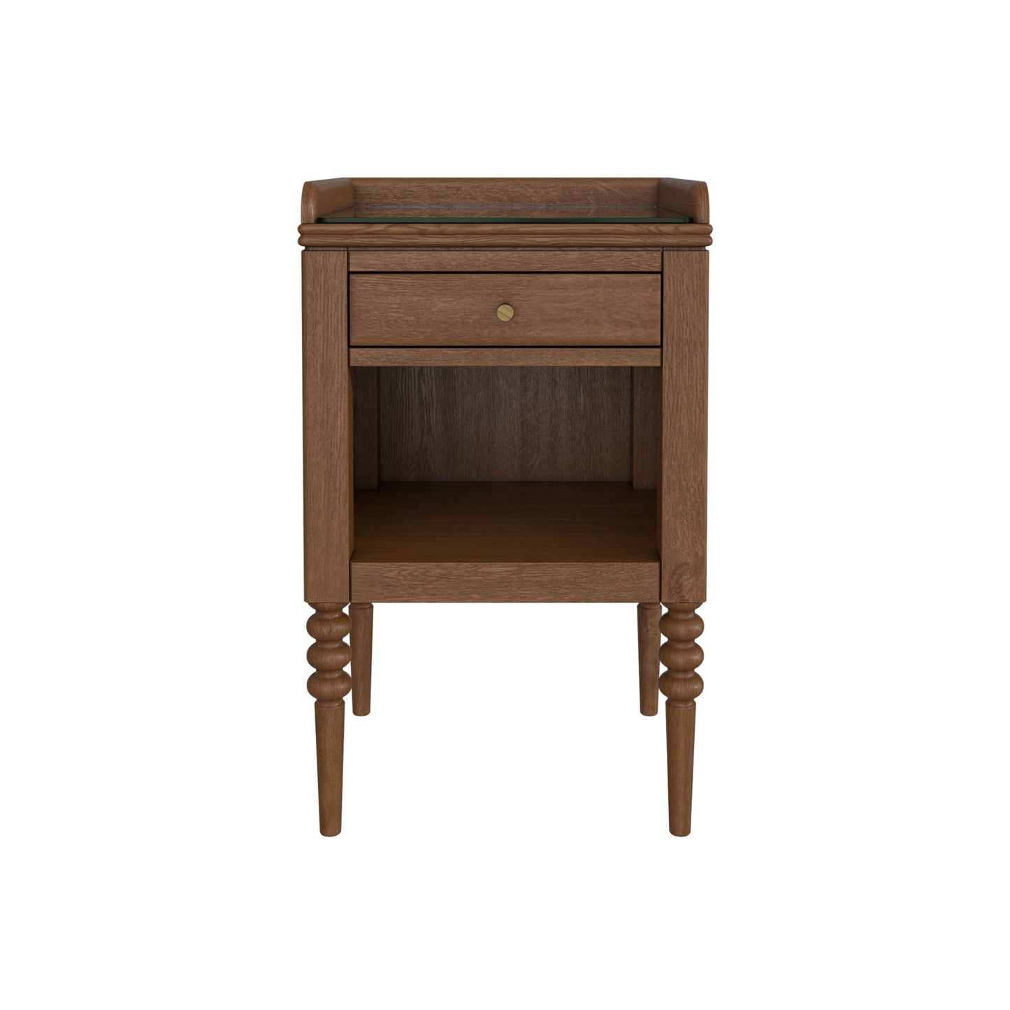 Wooden side table with a drawer on a white background
