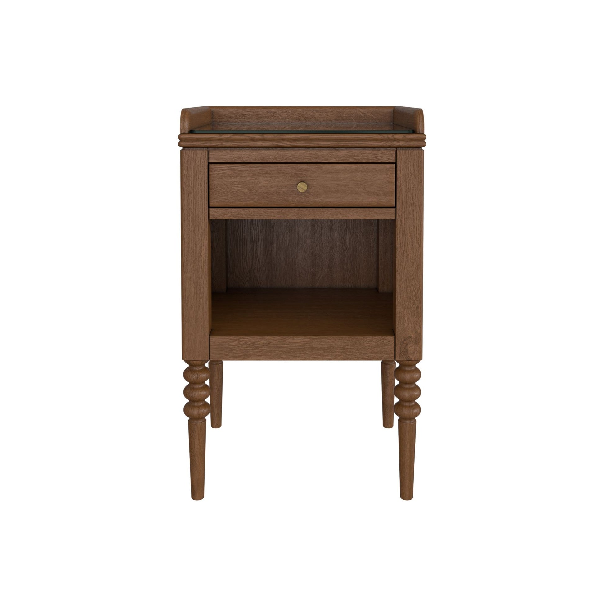 Wooden side table with a drawer on a white background