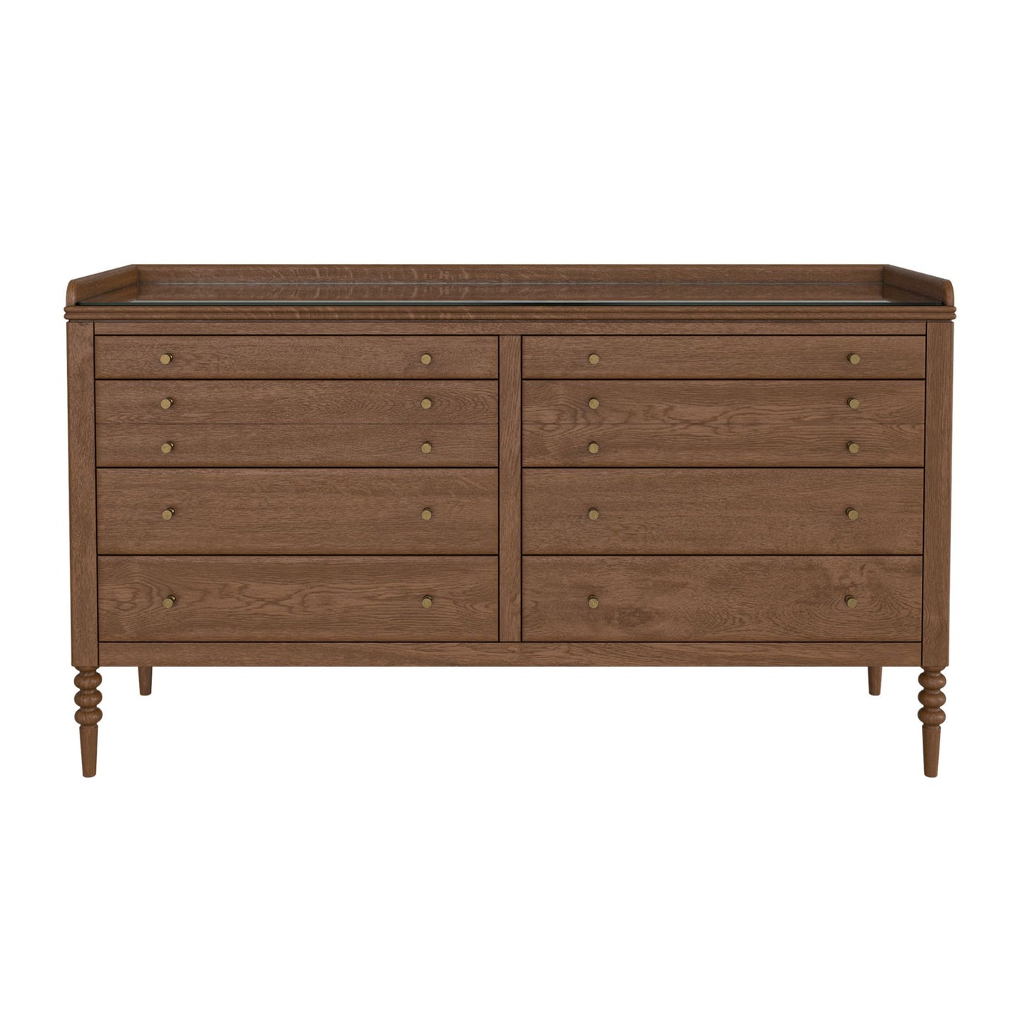 Wooden dresser with multiple drawers on a white background