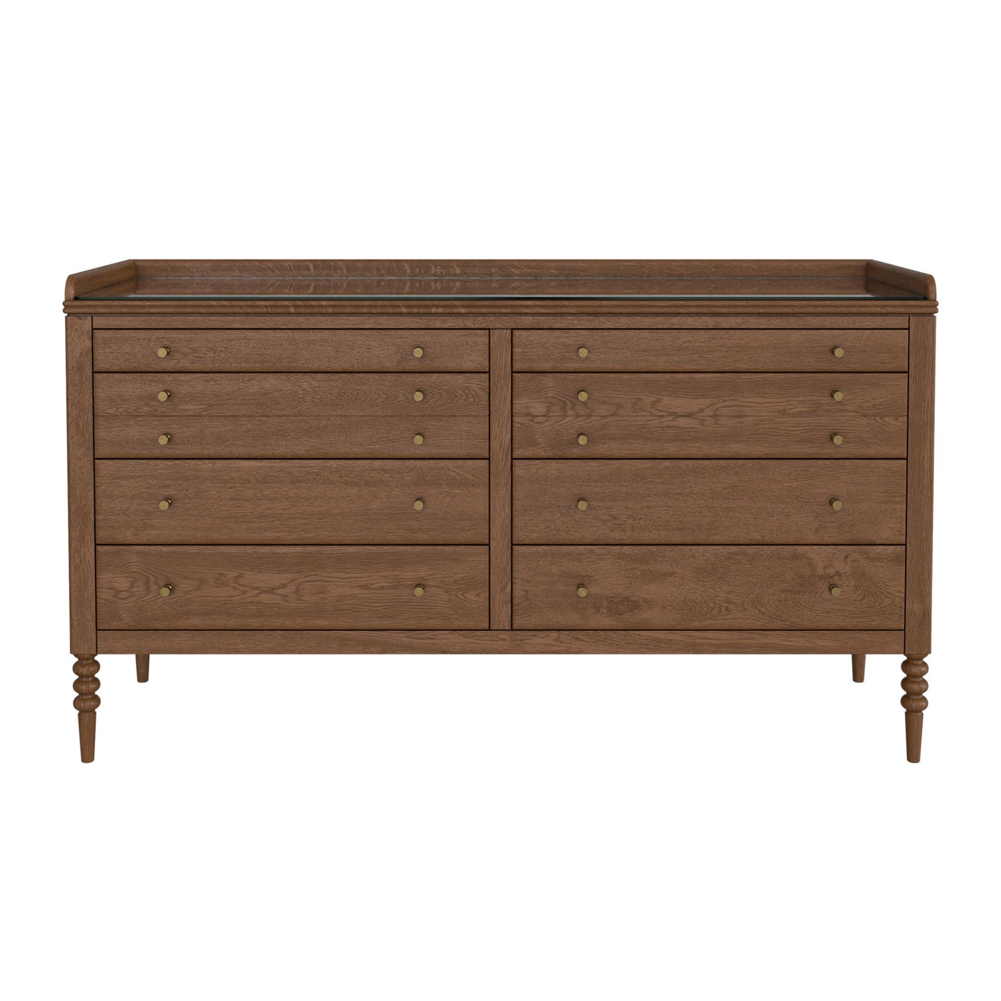 Wooden dresser with multiple drawers on a white background