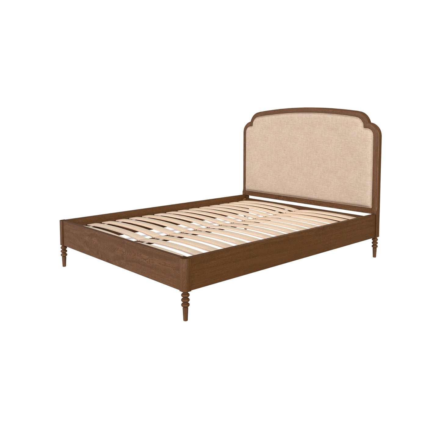 Wooden bed frame with upholstered headboard on a white background