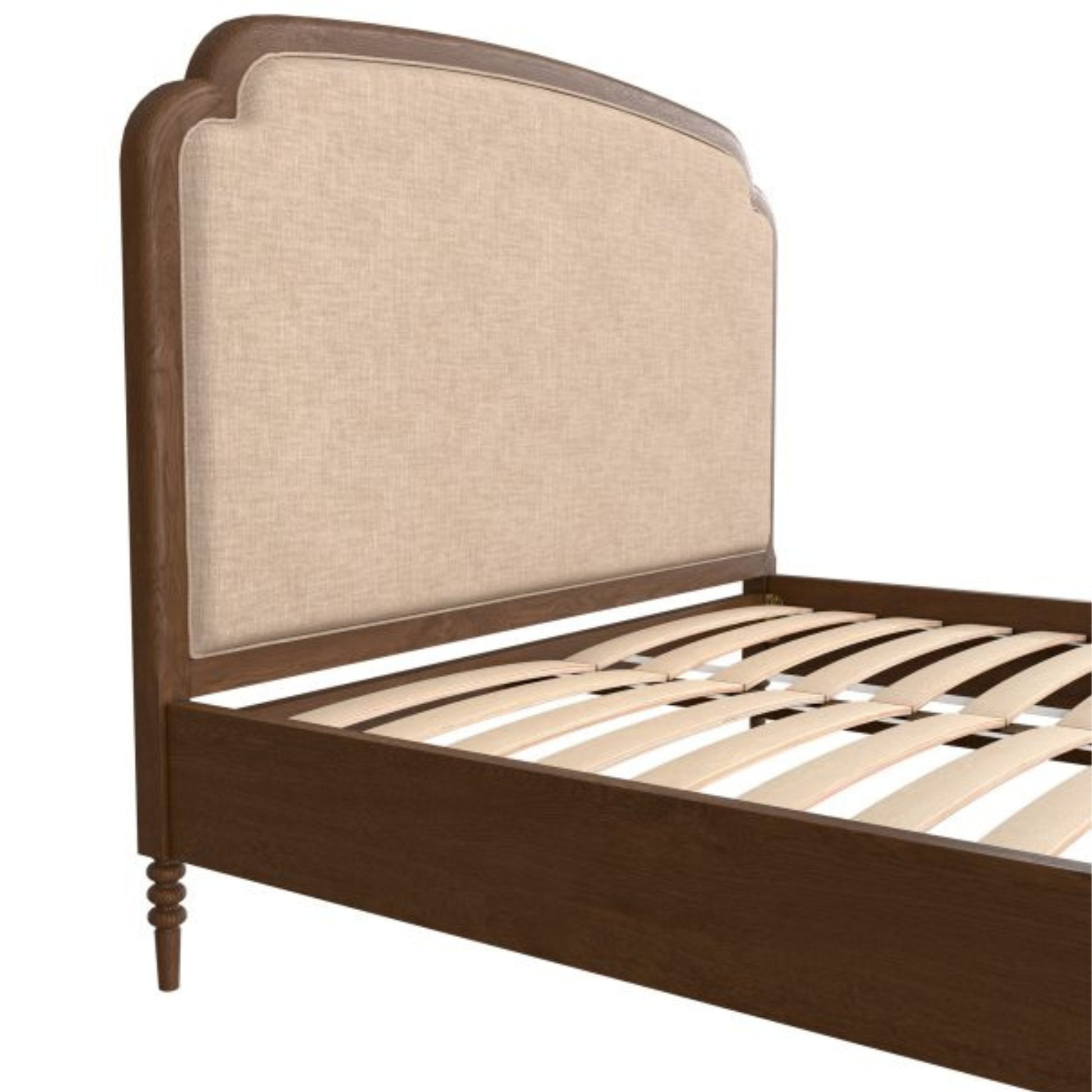 Wooden bed frame with a beige upholstered headboard on a white background