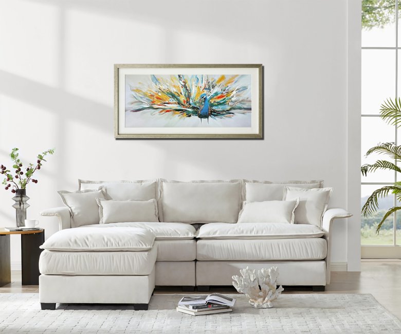 Hand Painted Peacock 38.5x77cm with Glass Gold Colour Frame - alternate view