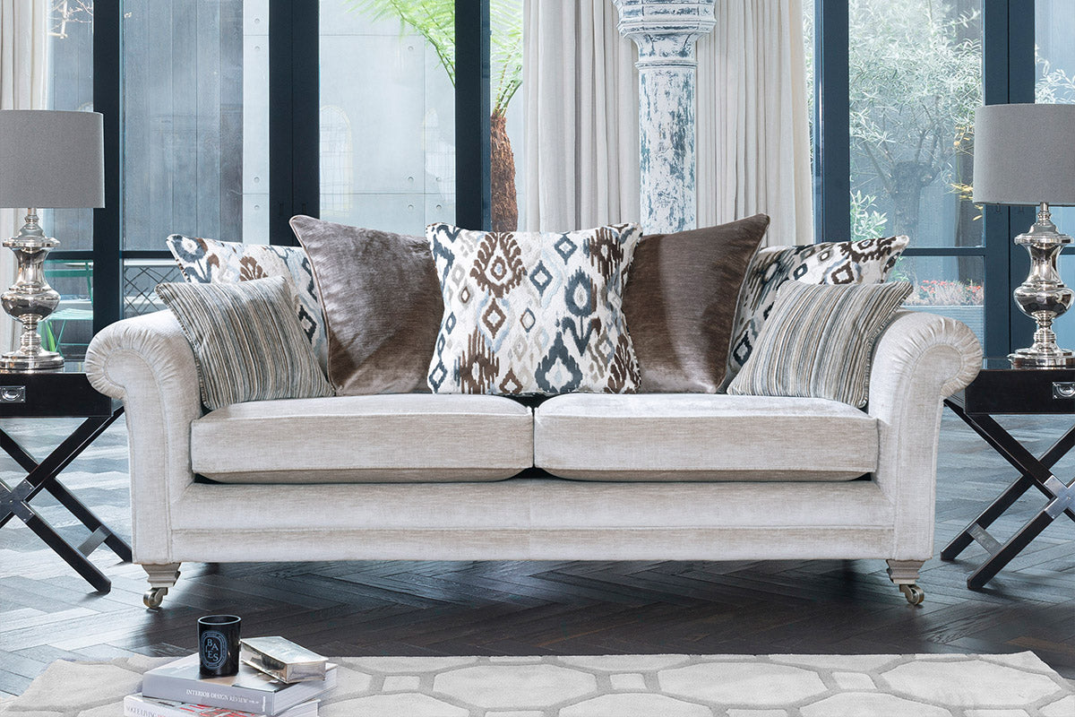 Charlbury Grand Sofa, standard back, smokey oak/satin nickel castor legs