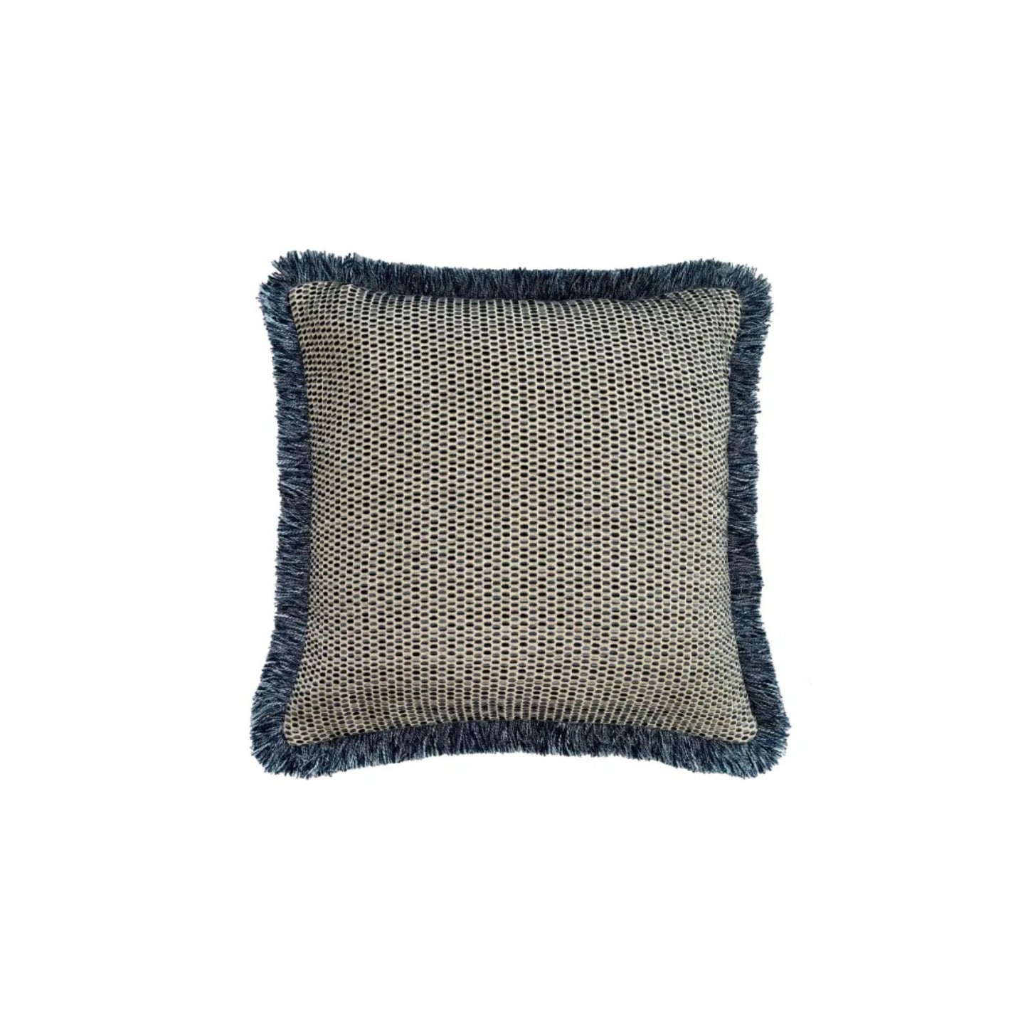 A square-shaped Chicago Navy Fringed Cushion with a geometric pattern and fringe detailing on the edges, predominantly navy in color.