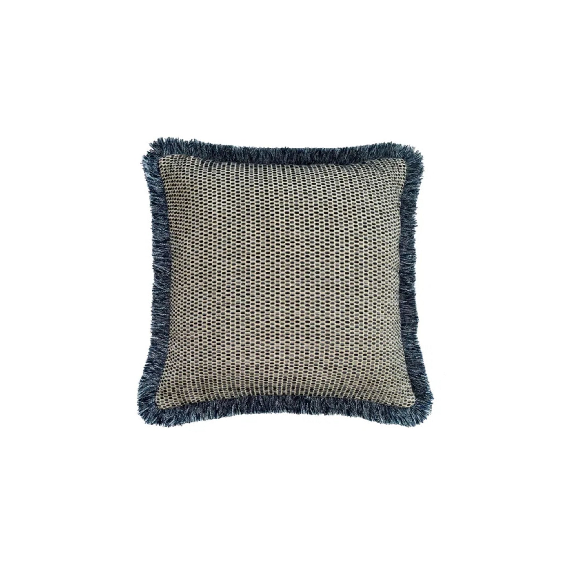 A square-shaped Chicago Navy Fringed Cushion with a geometric pattern and fringe detailing on the edges, predominantly navy in color.