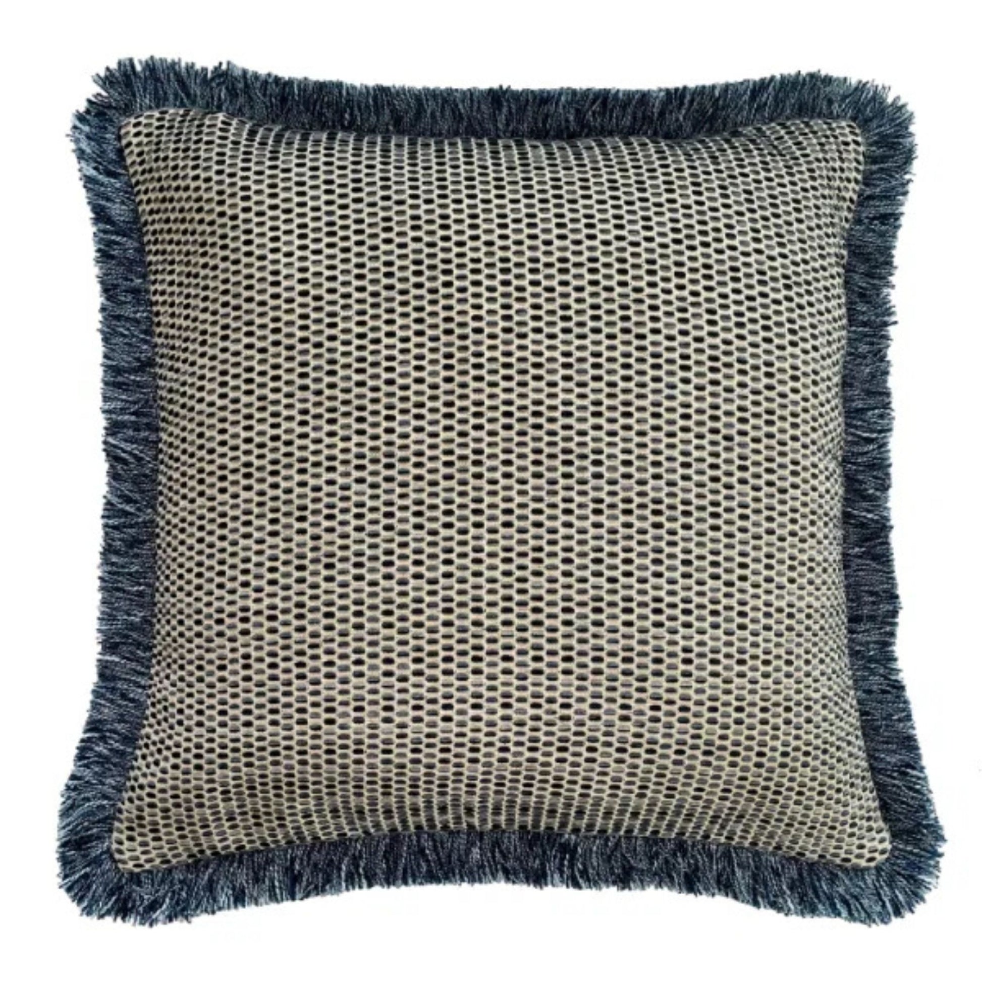 A square-shaped Chicago Navy Fringed Cushion with a geometric pattern and fringe detailing on the edges, predominantly navy in color.
