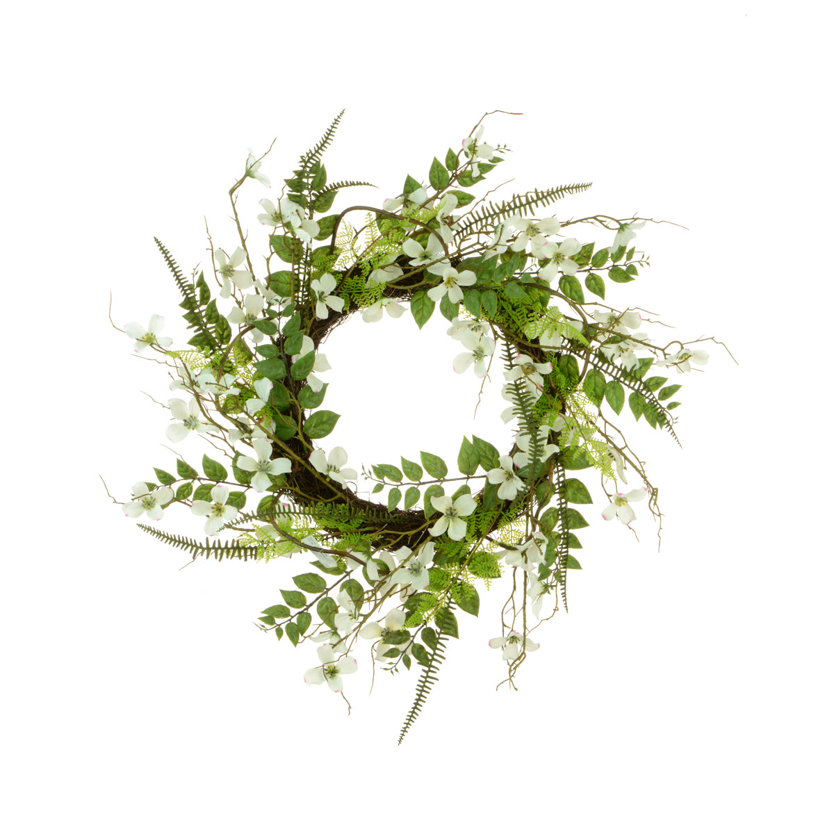 A faux Dogwood & Fern wreath with green leaves and white flowers, designed for home decor.