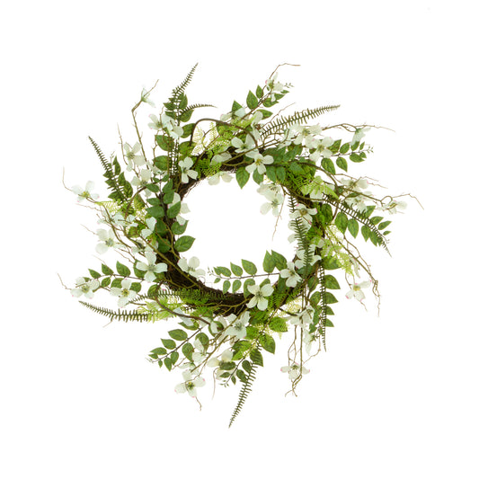 A faux Dogwood & Fern wreath with green leaves and white flowers, designed for home decor.