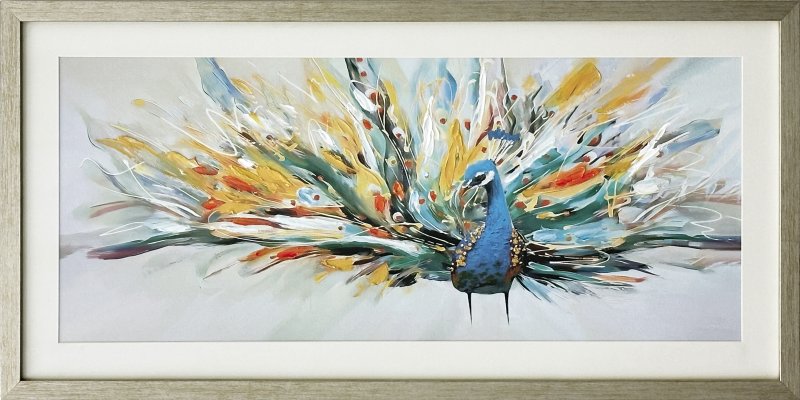 Hand Painted Peacock 38.5x77cm with Glass Gold Colour Frame