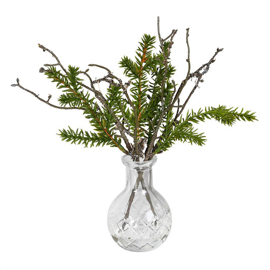 Faux Evergreen Sprig in Glass Vase