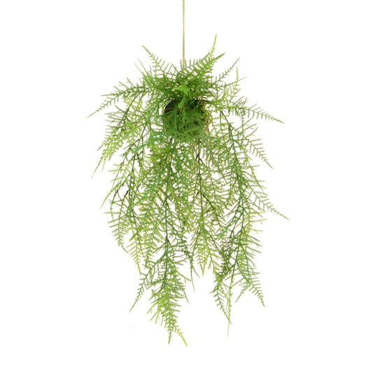 A faux hanging potted fern with feathery green leaves cascading downward against a white background.