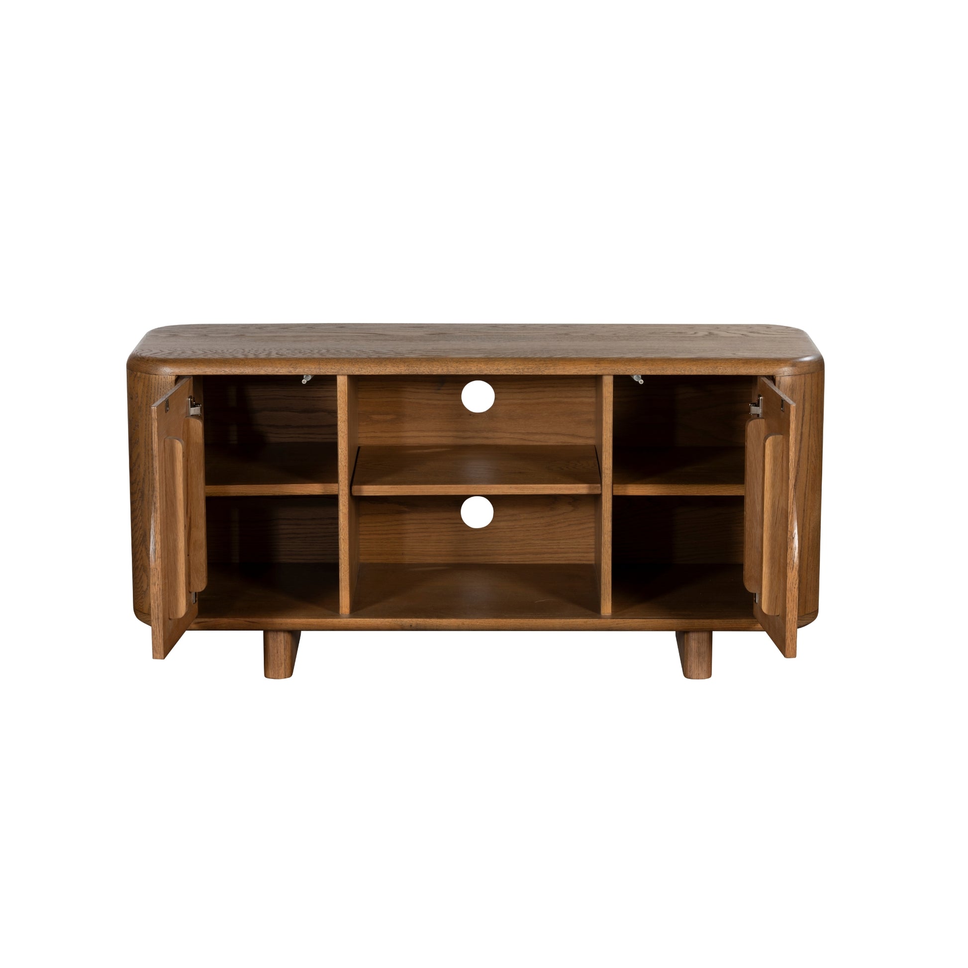 Oak tv unit with doors open on a white background