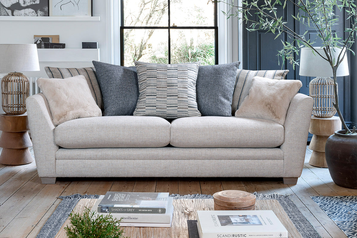 Rochelle Grand Sofa, pillow back, smokey oak feet