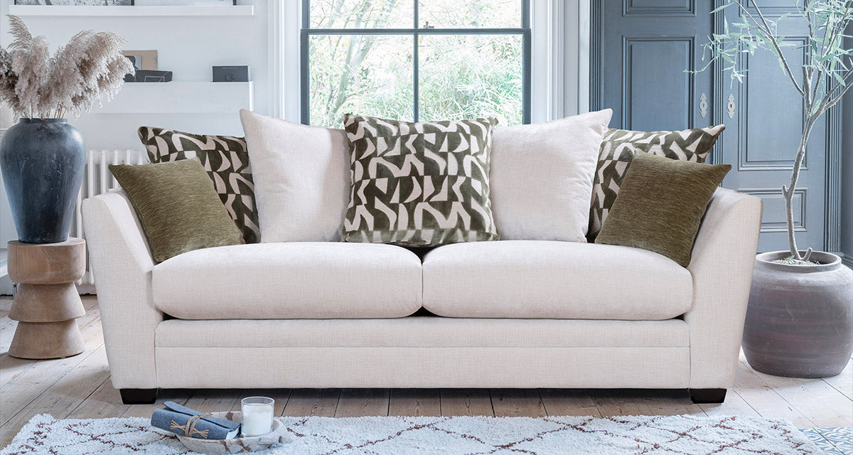 Rochelle Grand Sofa, pillow back, ebony feet