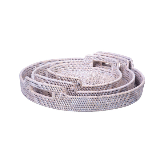 Set of 3 Rattan Round Trays with Handles - Natural Wash