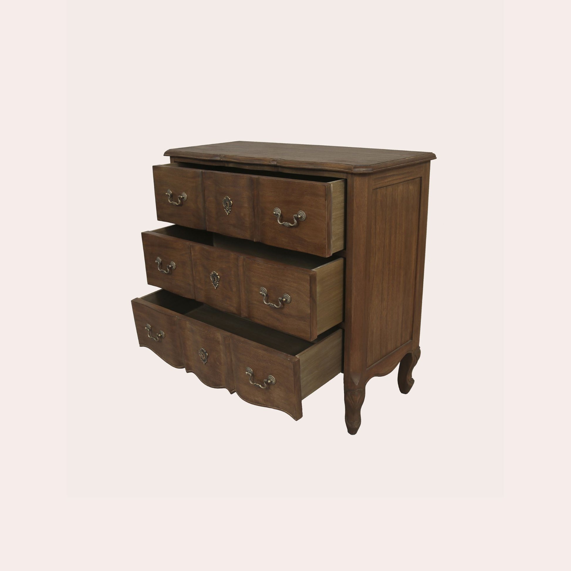 Side view of walnut 3 drawer chest with drawers open showing ample storage