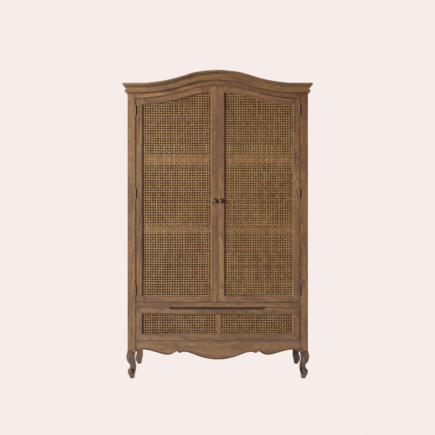 Front of walnut wardrobe with rattan inset doors and single bottom drawer