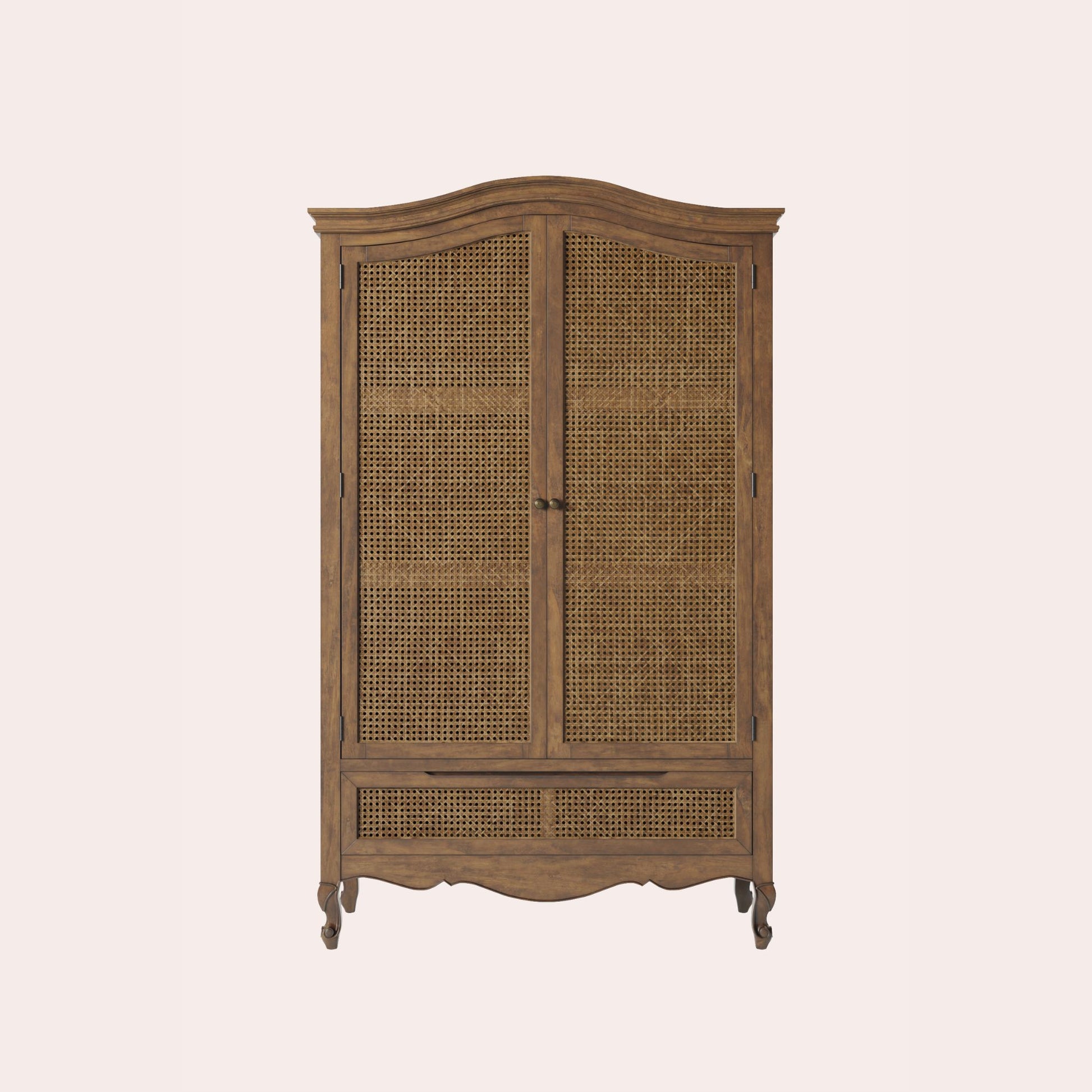 Front of walnut wardrobe with rattan inset doors and single bottom drawer