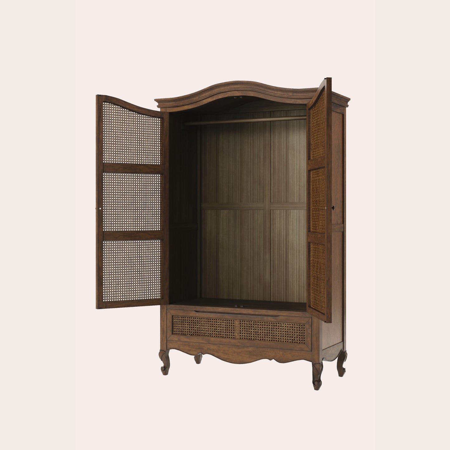 Walnut wardrobe with both doors open showing inside complete with hanging rail