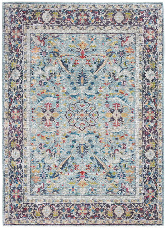 Vintage style teal multi colour patterned Turkish area rug 