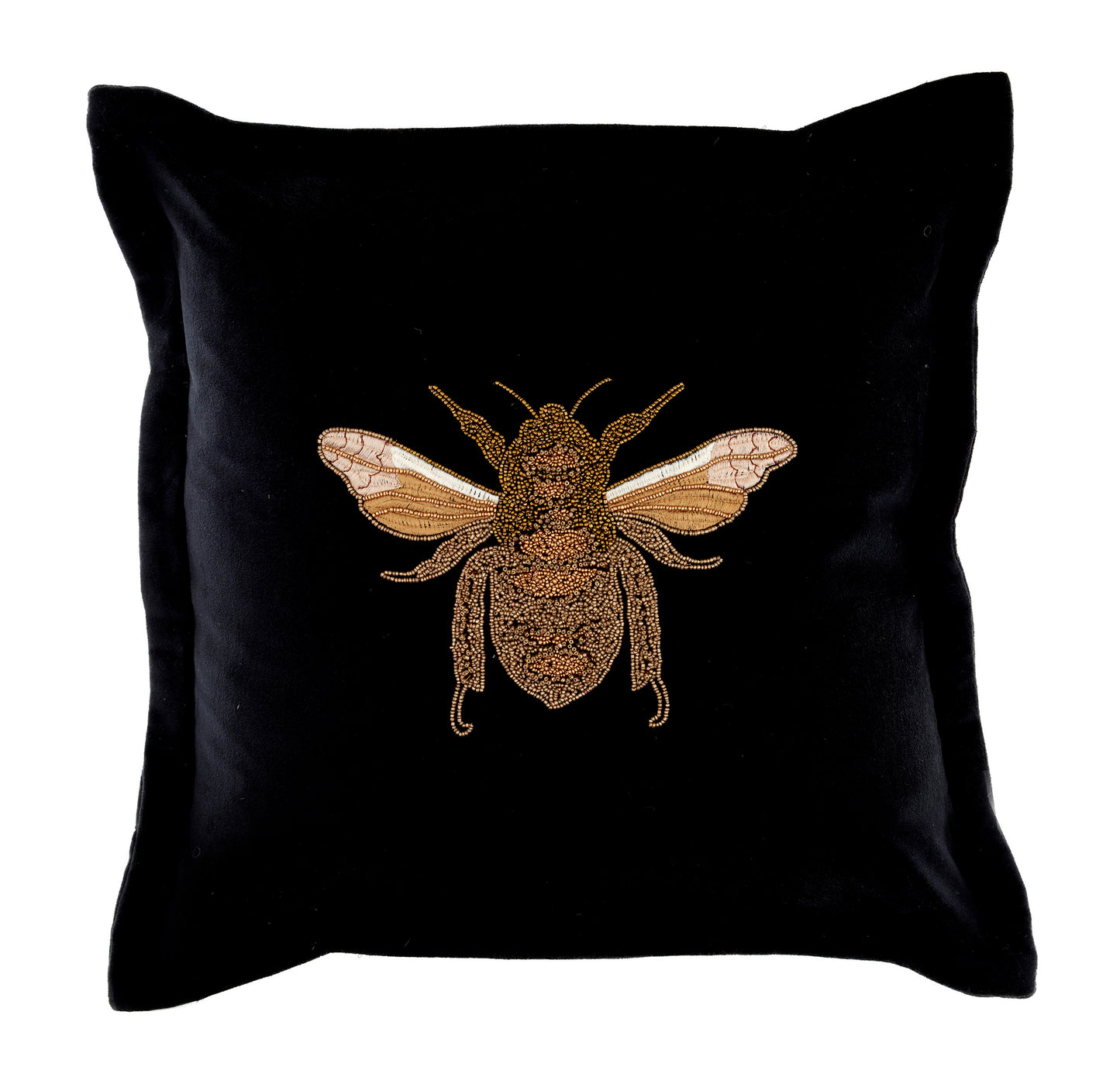Black velvet cushion with beaded bee motif 